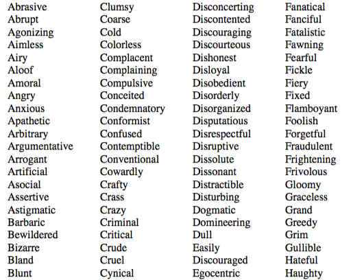 personality traits list negative