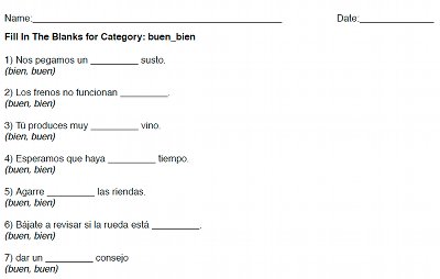 Fill In The Blanks: Free Printable Spanish Worksheets